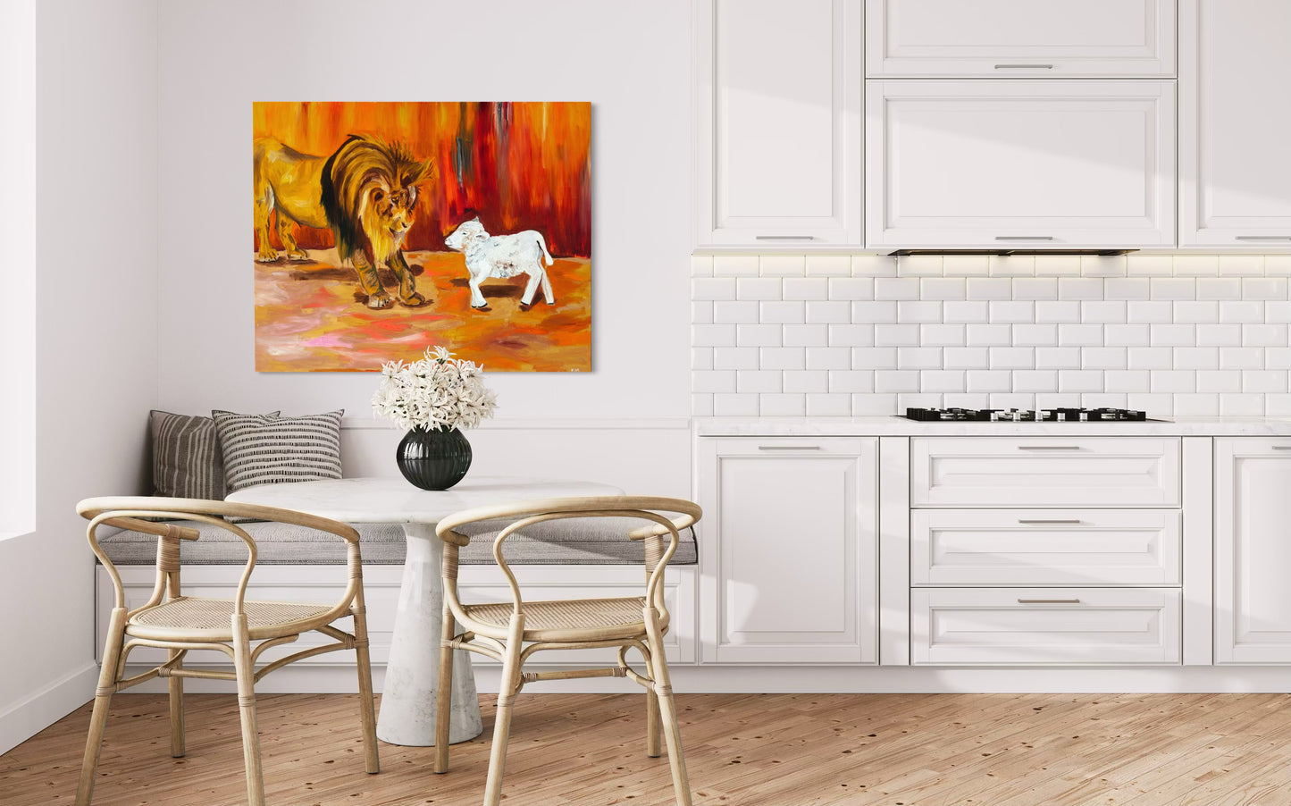 The Lion and the Lamb - Revelation 5:5 inspired art - Prophetic Christian canvas by Art By Kudzi
Kitchen interior with a painting of a lion and a dog on the wall.