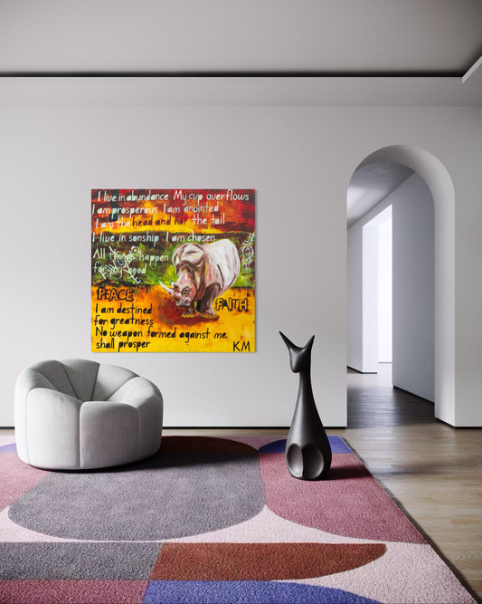 The Power of Words - Prophetic Declaration - Multiple canvas sizes available - Christian wall decor by Art By Kudzi .
Modern interior with a colorful abstract painting on the wall, a gray chair, and a black sculpture. - Additional View - Art By Kudzi