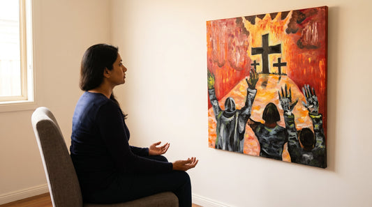 Woman resting beside Leave It by the Cross prophetic canvas art, Matthew 11:28, Christian burnout