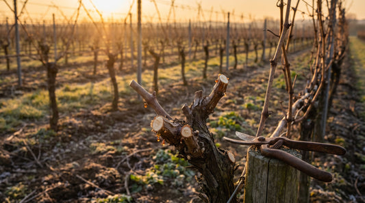 Dormant grapevines in a winter vineyard at golden hour, showing fresh pruning cuts on bare canes
