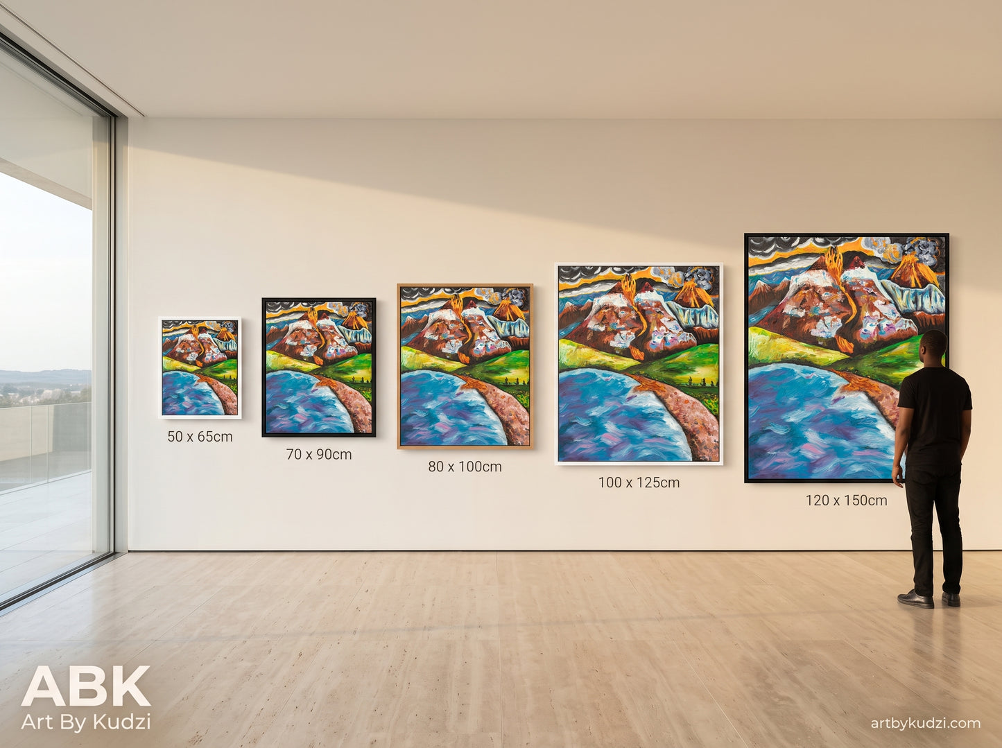 Out of the Fire Comes Favour canvas print in five sizes, 50x65cm to 120x150cm, White Black and Oak frames, person standing for scale