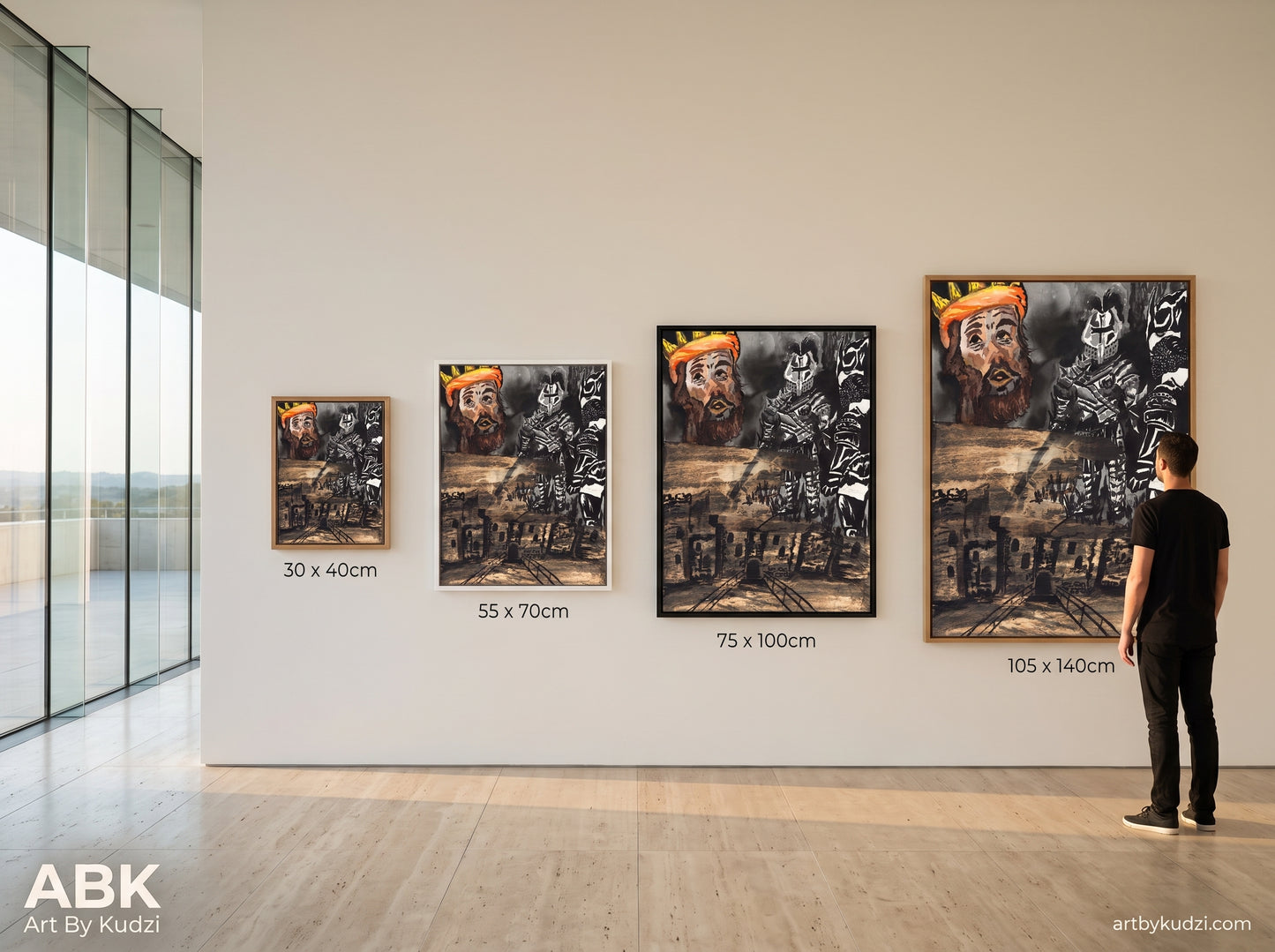 Crown and Conquest canvas print in four sizes, 30x40cm to 105x140cm, Oak White and Black frames, person standing for scale