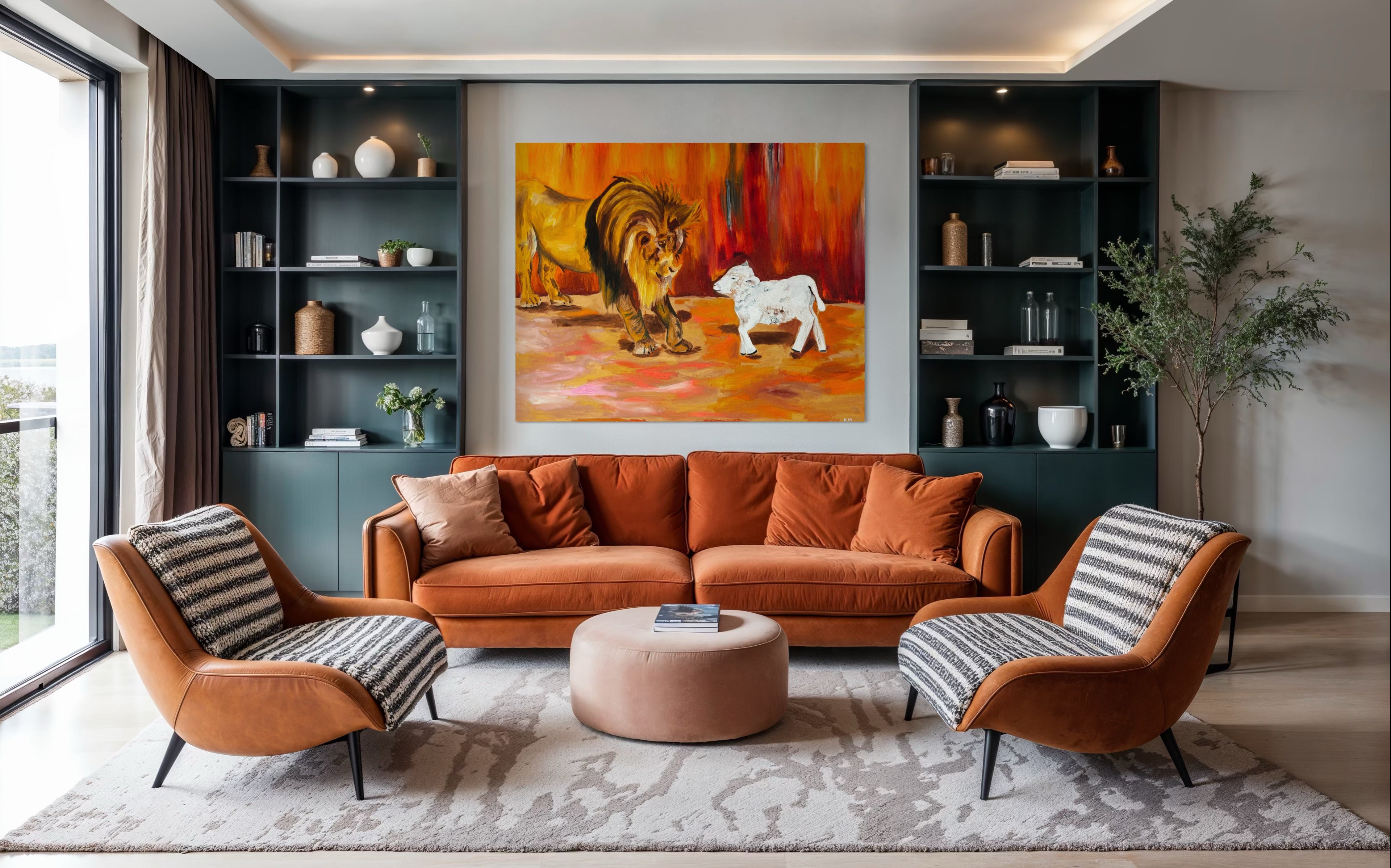 Lion and the Lamb fine art canvas by Art By Kudzi displayed in a contemporary lounge, bringing symbolic strength and peace into the living space.