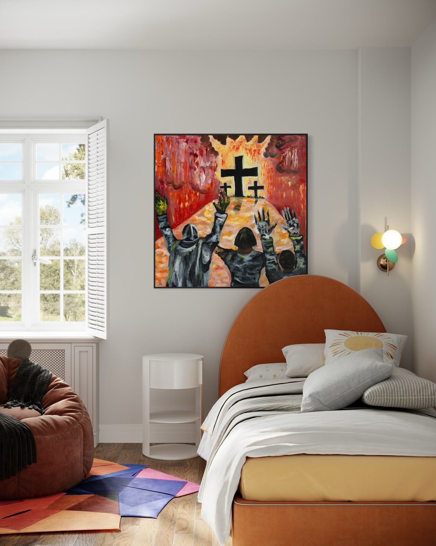 Faith-inspired wall art showing textured abstract interpretation of the cross and freedom through surrender.