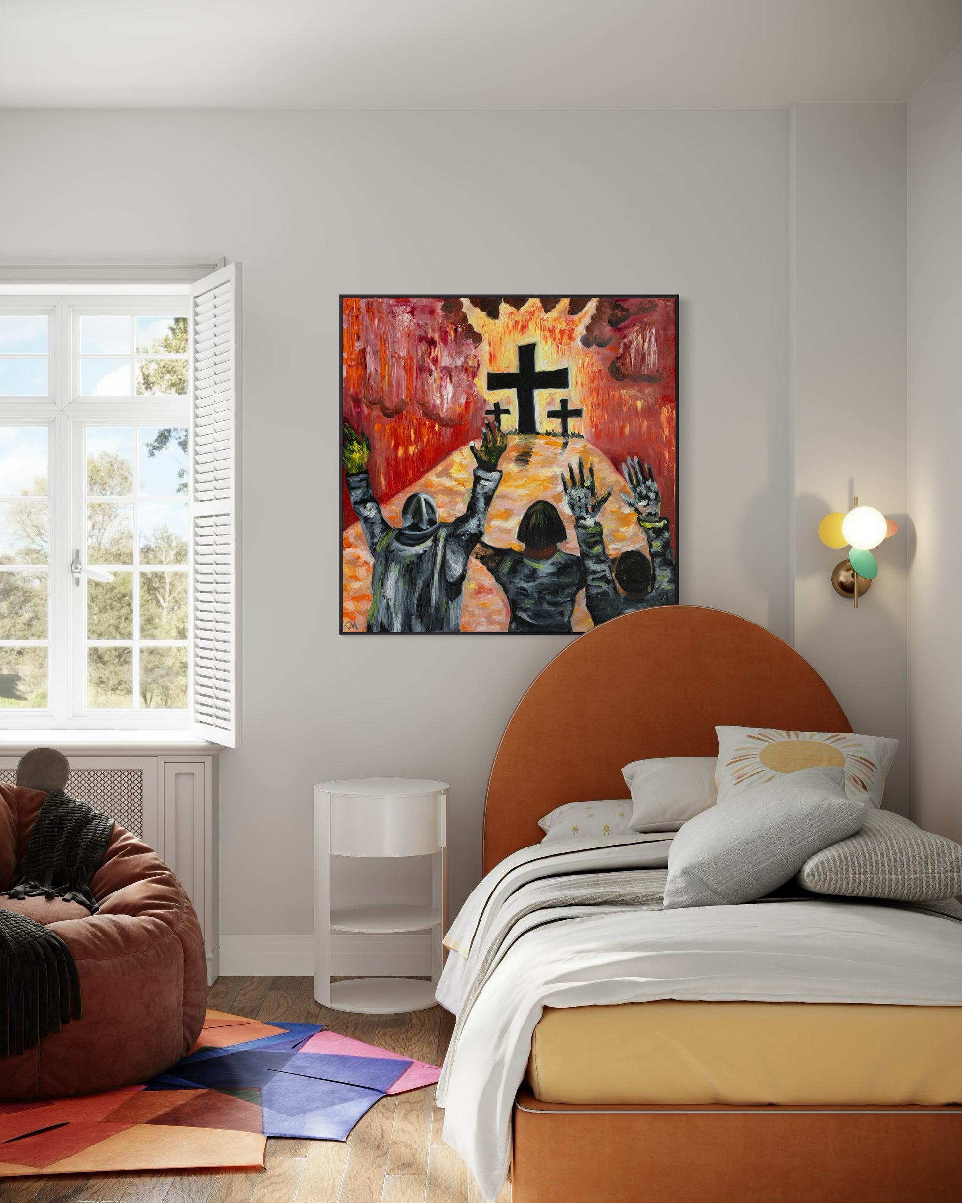 Faith-inspired wall art showing textured abstract interpretation of the cross and freedom through surrender.