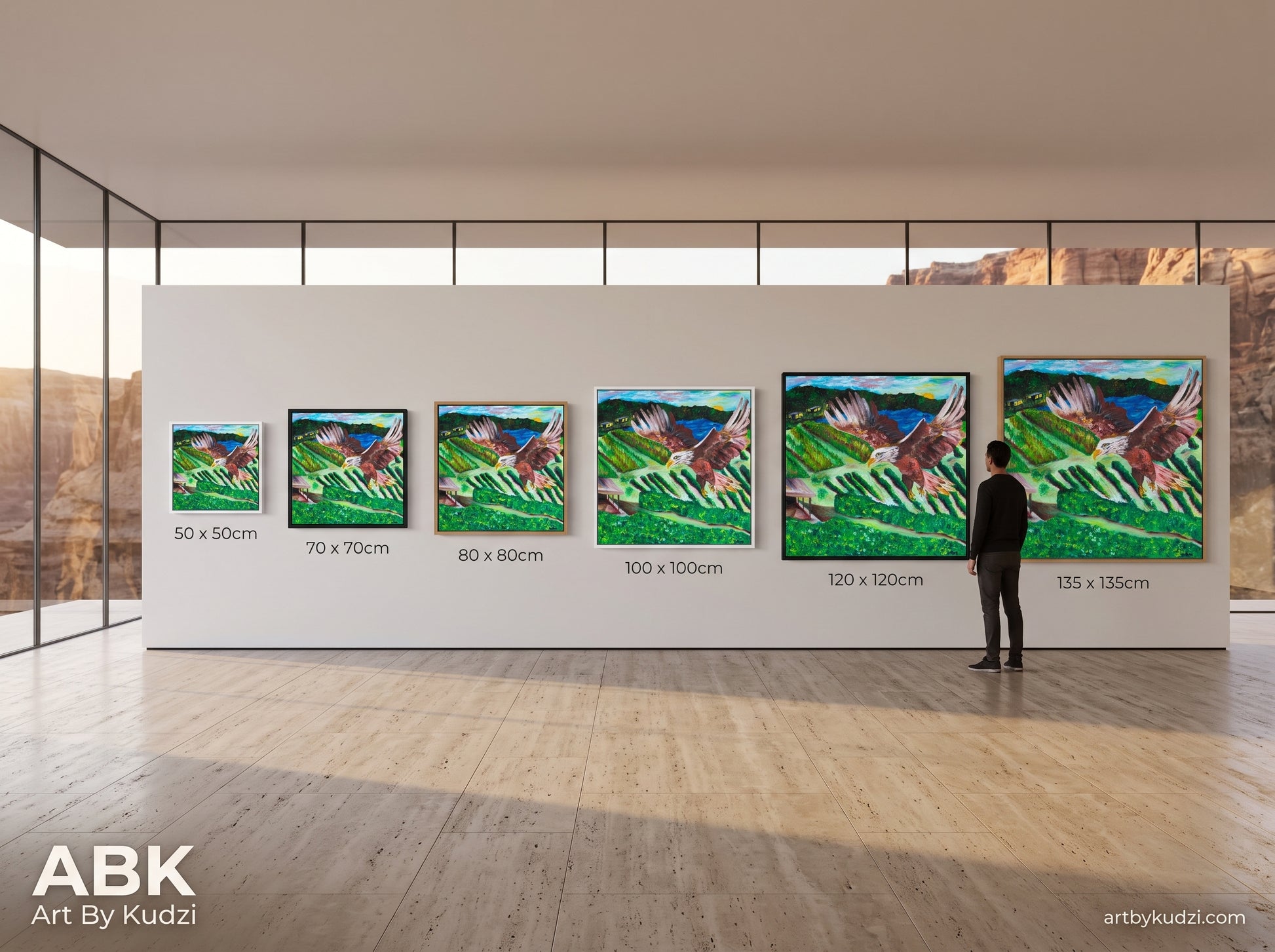 Six canvas prints of Rise above it all in white, black, and oak frames, ranging from 50 x 50cm to 135 x 135cm, displayed in a minimalist gallery with a person standing beside the largest print for scale.
