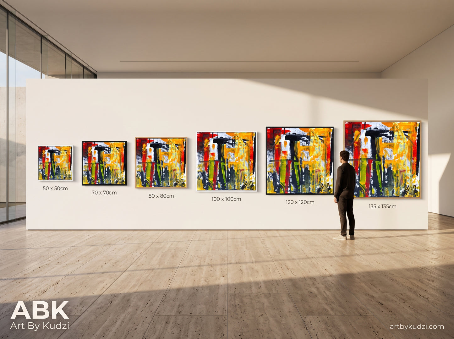 Six canvas prints of Urban Jungle in white, black, and oak frames, ranging from 50 x 50cm to 135 x 135cm, displayed in a minimalist gallery with a person standing beside the largest print for scale.
If this is going on the product page rather than social media, you might want a shorter variant too, since some platforms truncate long alt text:
Size and frame comparison of [PAINTING TITLE] canvas prints, from 50 x 50cm to 135 x 135cm, in white, black, and oak frames.