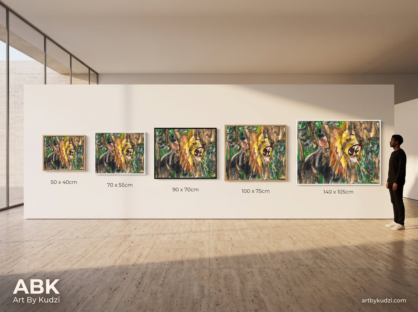 Veil of the Roar canvas print by Art By Kudzi shown in five sizes from 50x40cm to 140x105cm, framed in alternating Oak, White and Black, displayed in a bright gallery corridor with a man standing beside the largest print for scale."