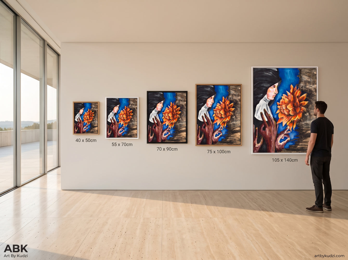Veil of the Roar canvas print in five sizes, 50x40cm to 140x105cm, Oak White and Black frames, man standing for scale