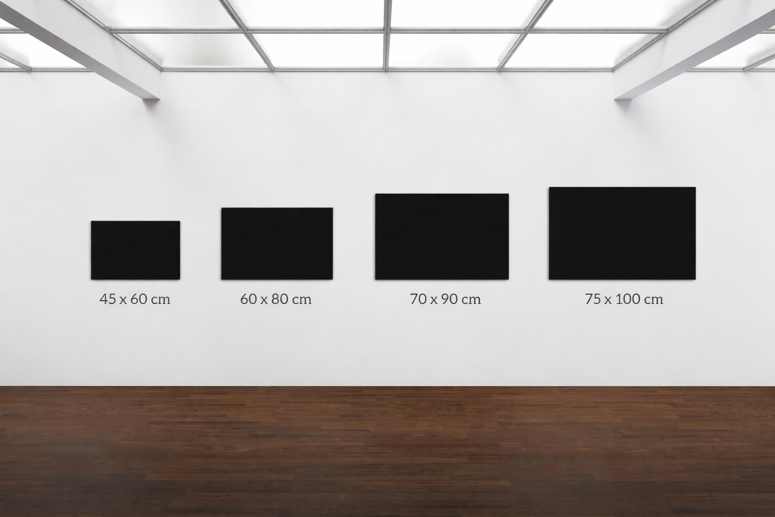 Art by Kudzi canvas size guide for Inside the Mind of an Artist showing 45x60, 60x80, 70x90 and 75x100 cm rectangular wall art sizes displayed in a modern gallery setting.