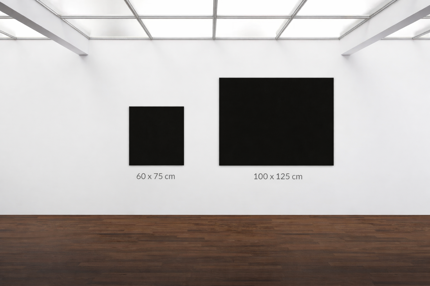 Art by Kudzi canvas size guide for Lion and the Lamb showing portrait wall art sizes including 60 × 90 cm and larger formats displayed in a modern gallery setting.