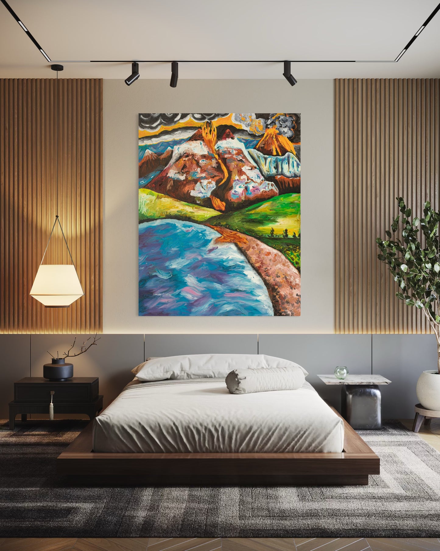 Out of the Fire Comes Favour canvas in bedroom setting - Faith-based breakthrough art by Art By Kudzi - Christian home decor  
Symbolic abstract art reflecting transformation, faith, and the belief that beauty can rise from ashes.