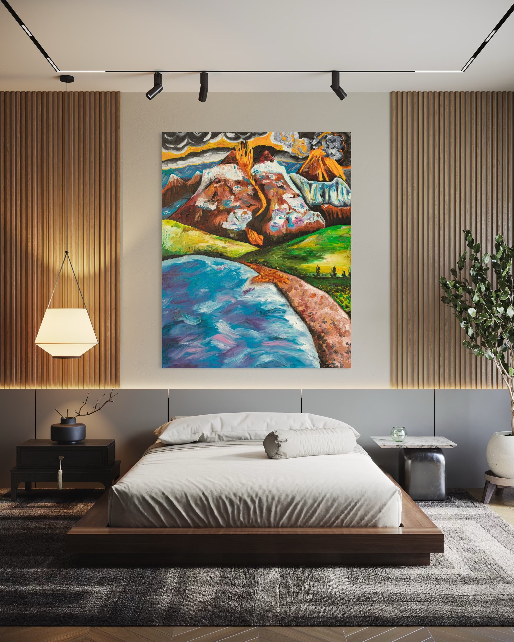 Out of the Fire Comes Favour canvas in bedroom setting - Faith-based breakthrough art by Art By Kudzi - Christian home decor  
Symbolic abstract art reflecting transformation, faith, and the belief that beauty can rise from ashes.
