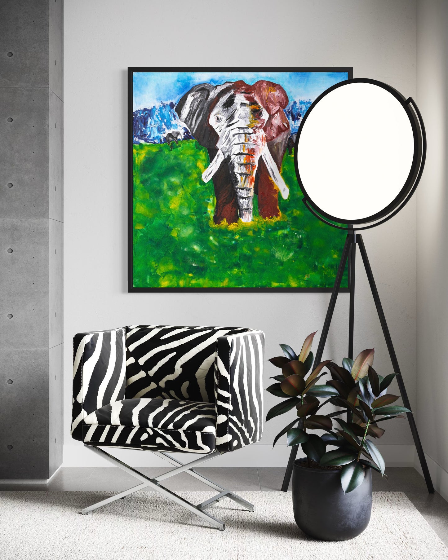 Elephant of the Ngorongoro Crater canvas displayed in modern living room - African wildlife wall art by Art By Kudzi - Safari decor 