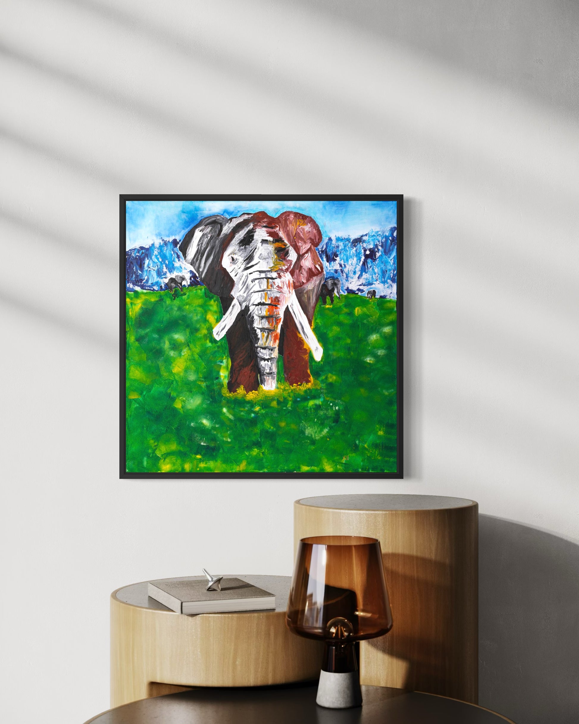 Textured fine art depiction of an African elephant in the Ngorongoro Crater by Art By Kudzi, balancing strength, stillness, and elegance.