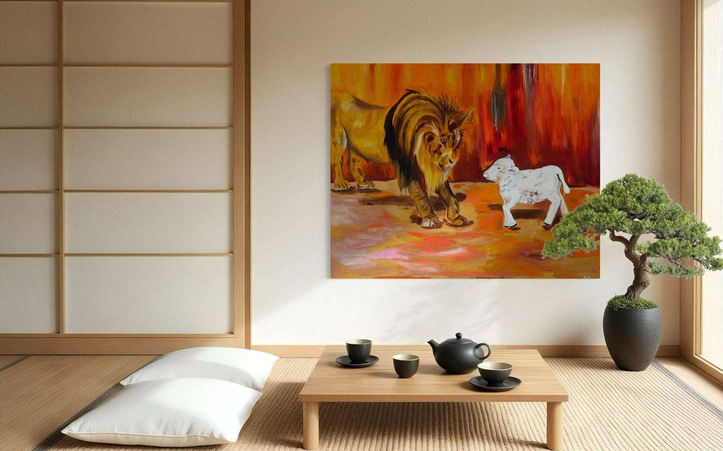 The Lion and the Lamb canvas displayed in modern living room - Christian biblical wall art by Art By Kudzi - Faith decor. Living room with a painting of a lion and dog, a bonsai tree, and a tea set on a wooden table.