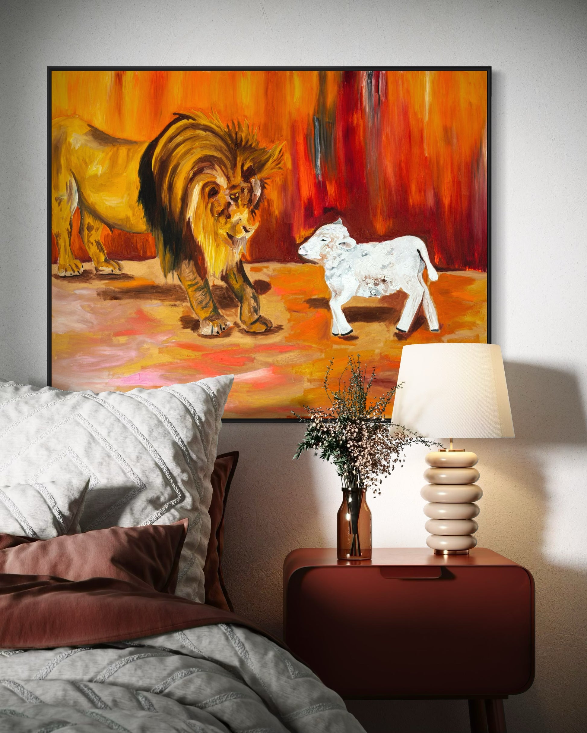 The Lion and the Lamb canvas in bedroom setting - Biblical prophetic art by Art By Kudzi - Christian home decor  

Bedroom with a lion painting on the wall and a nightstand with a lamp and vase.