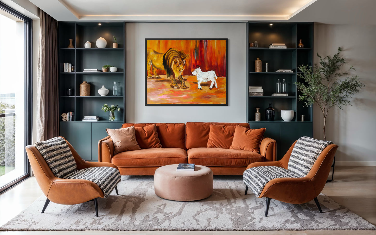 The Lion and the Lamb - Gallery wrapped canvas edges - Premium Christian Jesus art by Art By Kudzi  
Modern living room with orange sofa, armchairs, and a colorful painting on the wall.