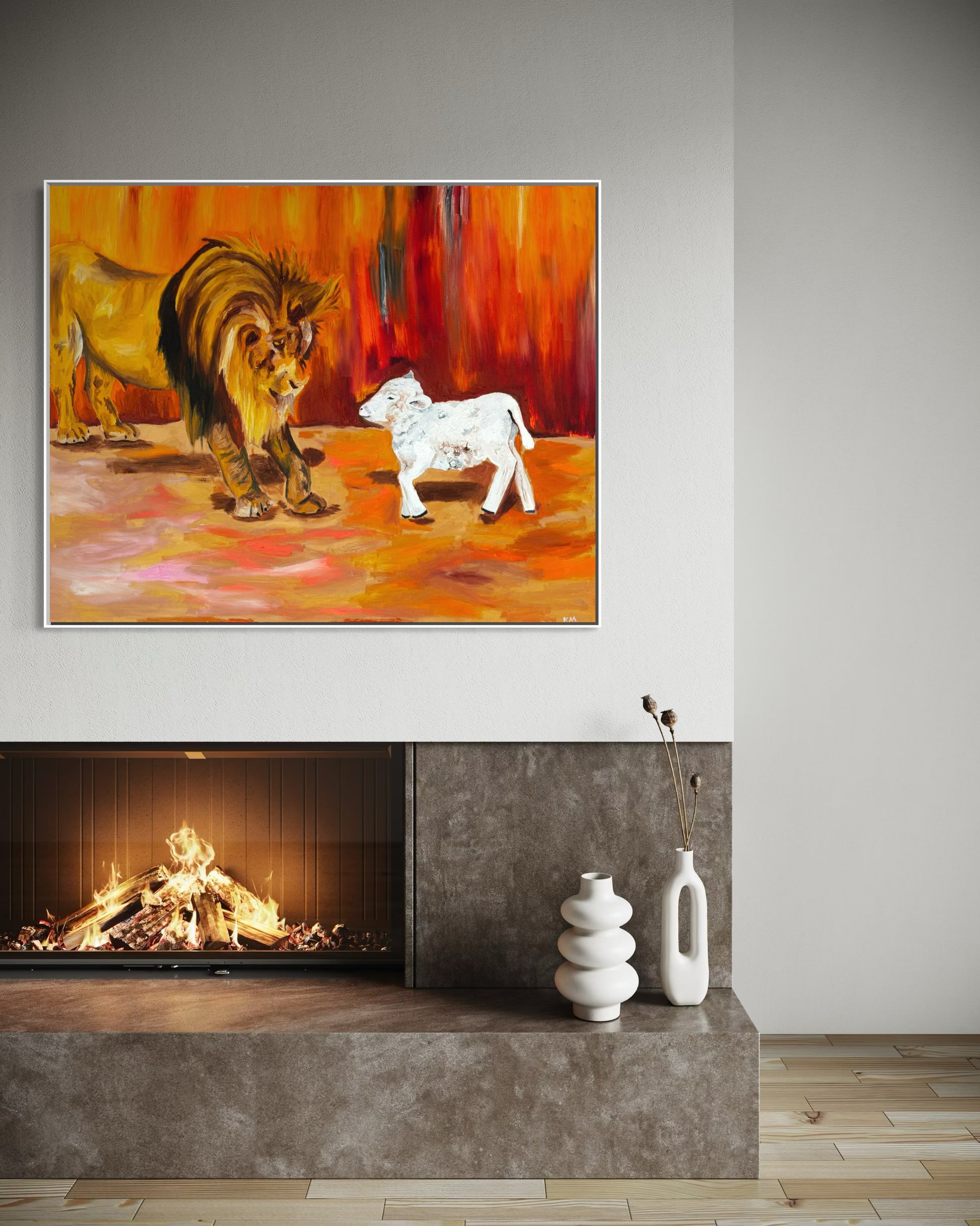 The Lion and the Lamb - Artwork detail closeup - Prophetic Christian canvas by Art By Kudzi - Lion of Judah Lamb of God.
Framed artwork of a lion and calf in front of a fireplace with decorative vases.