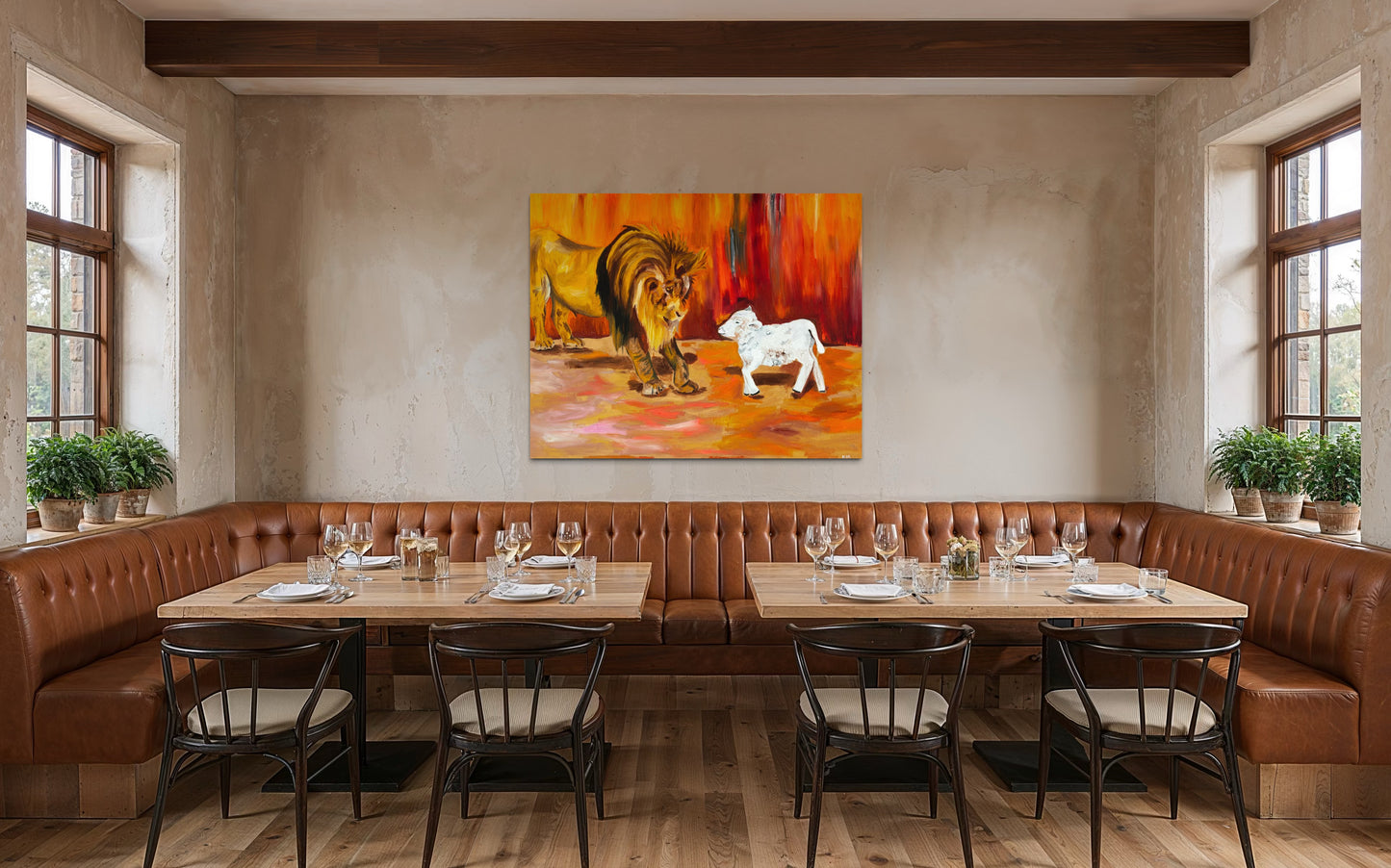 The Lion and the Lamb prophetic canvas print - Jesus Christ biblical wall art by Art By Kudzi 
Dining room with a painting of a lion and a dog on the wall, surrounded by chairs and tables.