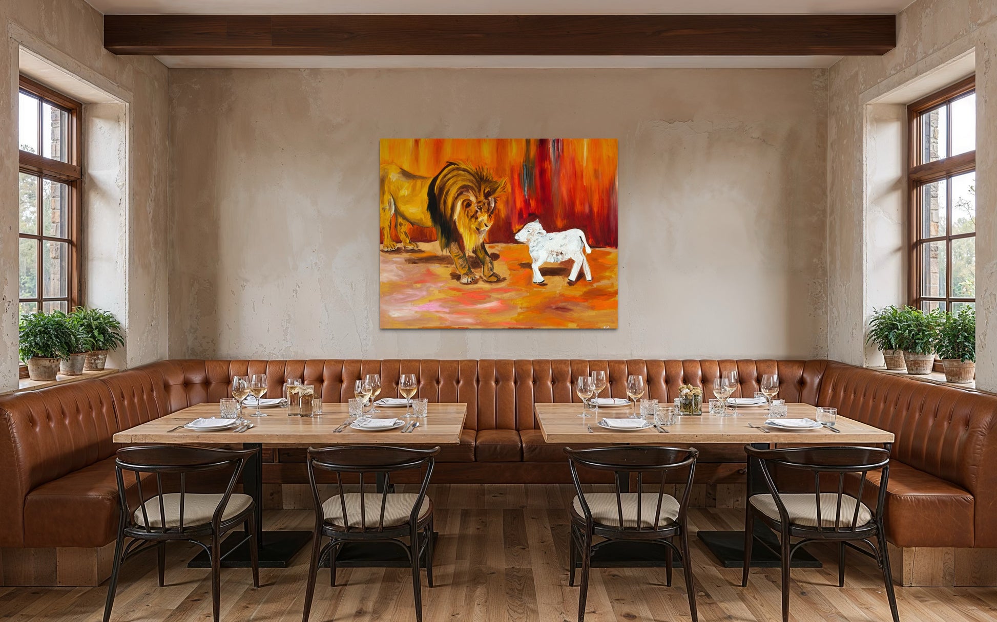 The Lion and the Lamb prophetic canvas print - Jesus Christ biblical wall art by Art By Kudzi 
Dining room with a painting of a lion and a dog on the wall, surrounded by chairs and tables.