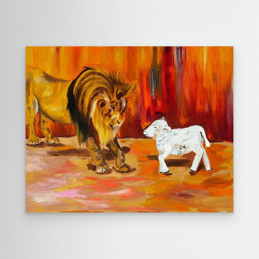 The Lion and the Lamb - Prophetic Canvas Print by Art By Kudzi - Christian Wall Art - Biblical Jesus Christ Decor. Christian painting of a lion and a lamb standing close to each other against an abstract background depicting Jesus. - Canvas Print by Art By Kudzi