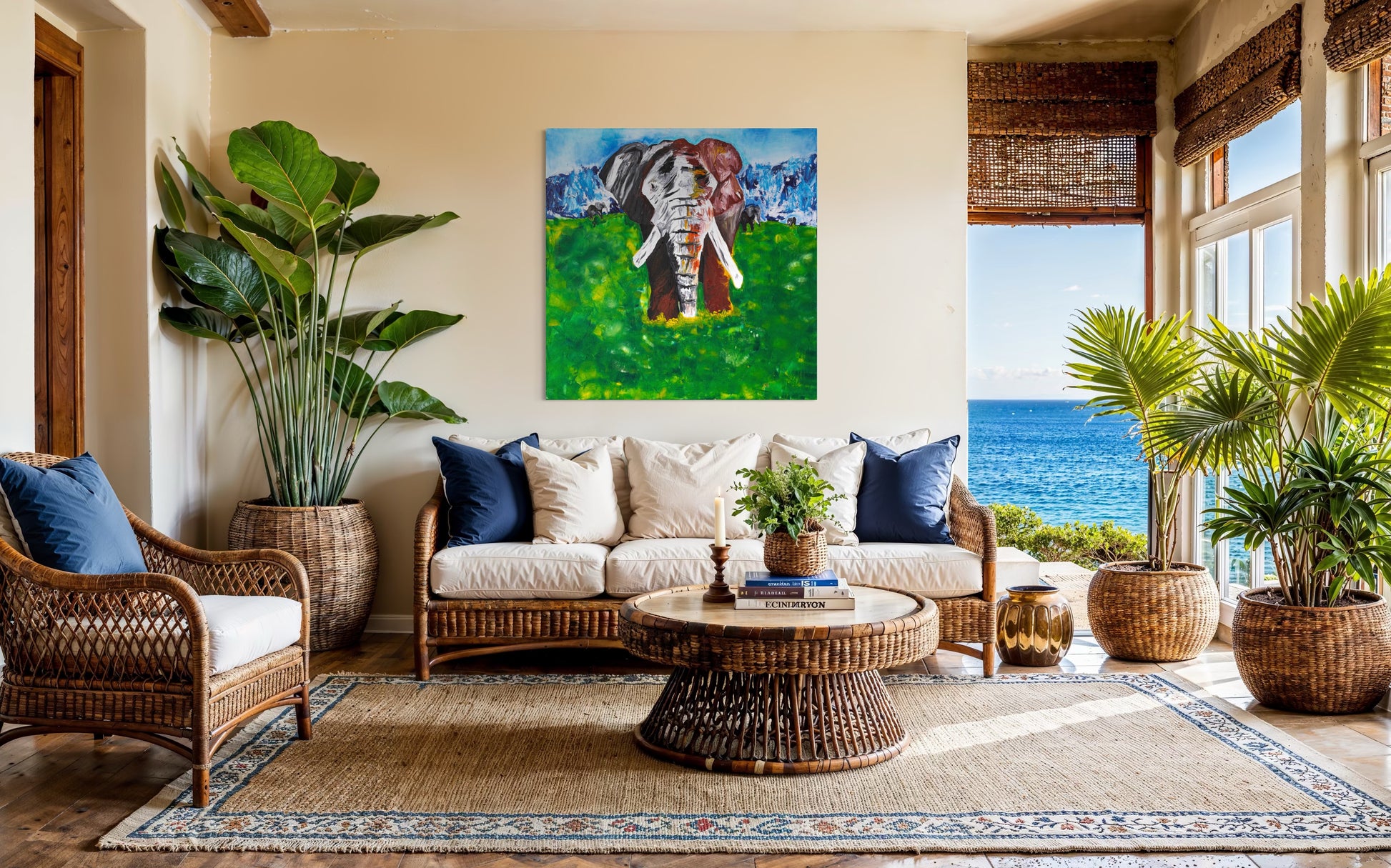 Collector-grade African elephant artwork by Art By Kudzi, inspired by the Ngorongoro Crater and expressing majesty, stillness, and quiet authority.