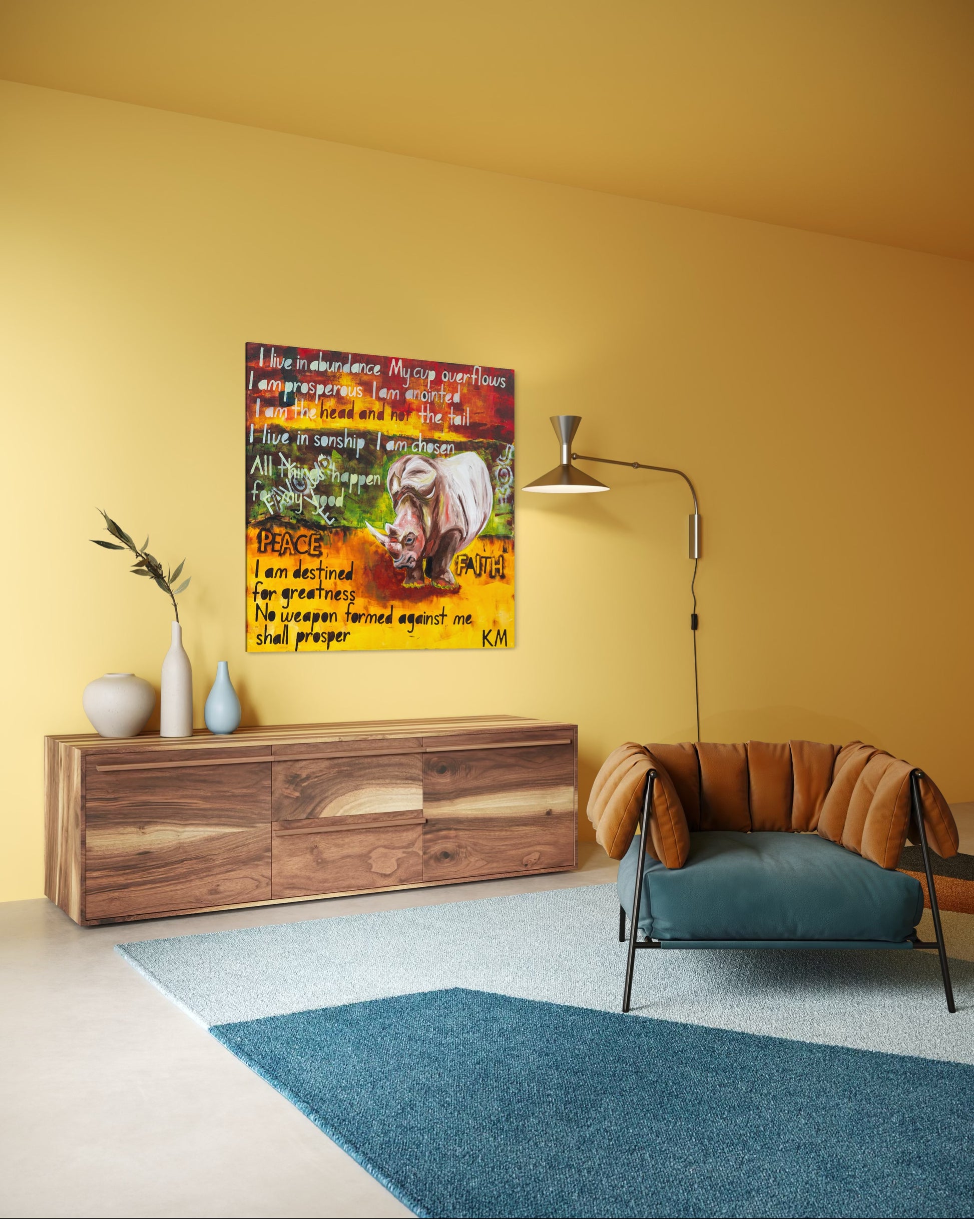 The Power of Words - Prophetic Declaration canvas print - Scripture-inspired wall art by Art By Kudzi. Living room with a wooden cabinet, blue rug, and colorful abstract painting on a yellow wall.