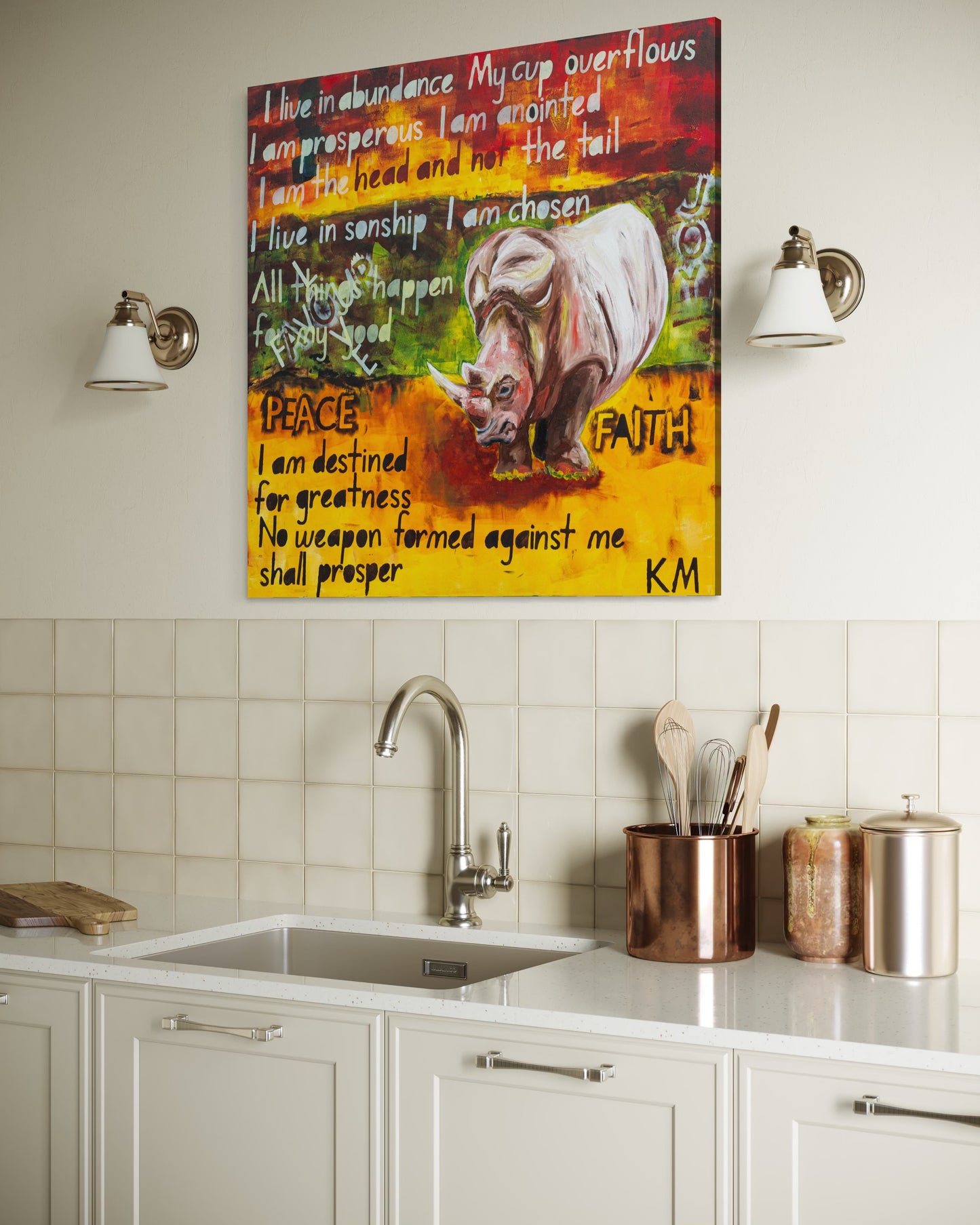 The Power of Words - Prophetic Declaration - Gallery wrapped canvas edges - Premium Christian art by Art By Kudzi. Colorful artwork of a rhinoceros with text on a kitchen wall above a sink.