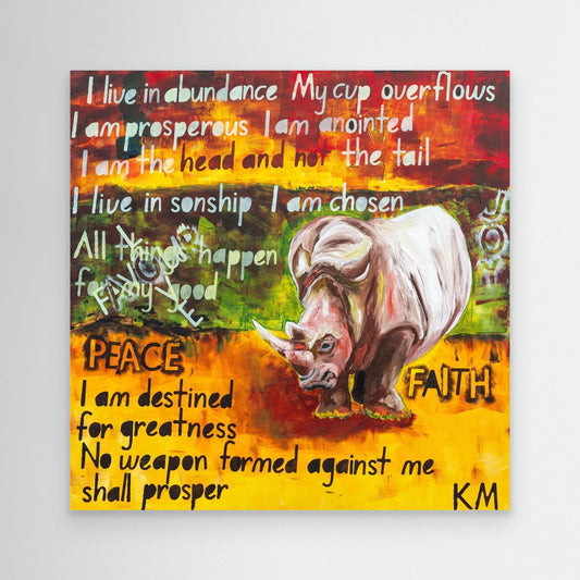 The Power of Words - Prophetic Declaration Canvas Print by Art By Kudzi - Christian Wall Art - Faith-Based Home Decor . Artistic depiction of a rhinoceros with motivational scipture based text on a colorful background - Canvas Print by Art By Kudzi
