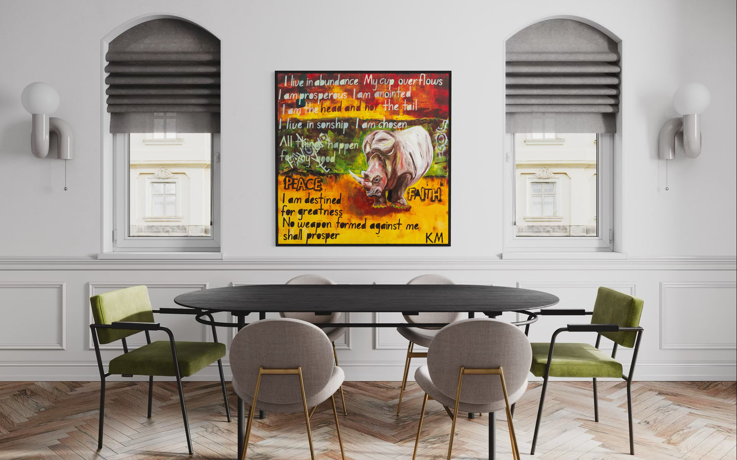 The Power of Words - Prophetic Declaration - Typography detail closeup - Faith-filled canvas art by Art By Kudzi  . Dining room with a round table and chairs, featuring a colorful abstract painting on the wall.