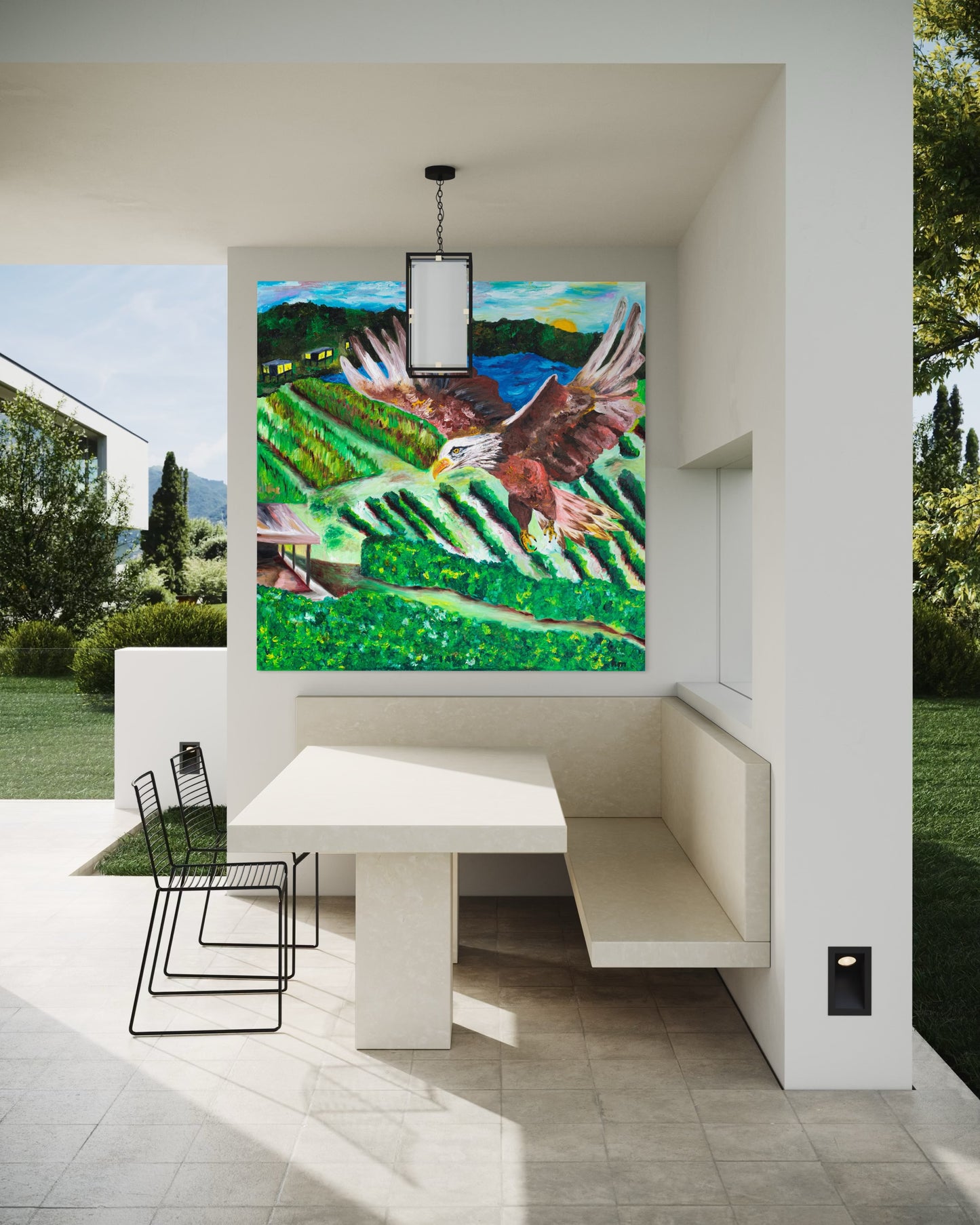 Rise Above It All - Empowering Christian wall art - Prophetic canvas by Art By Kudzi - Overcoming adversity decor
Modern outdoor dining area with a large painting of an eagle over a landscape.