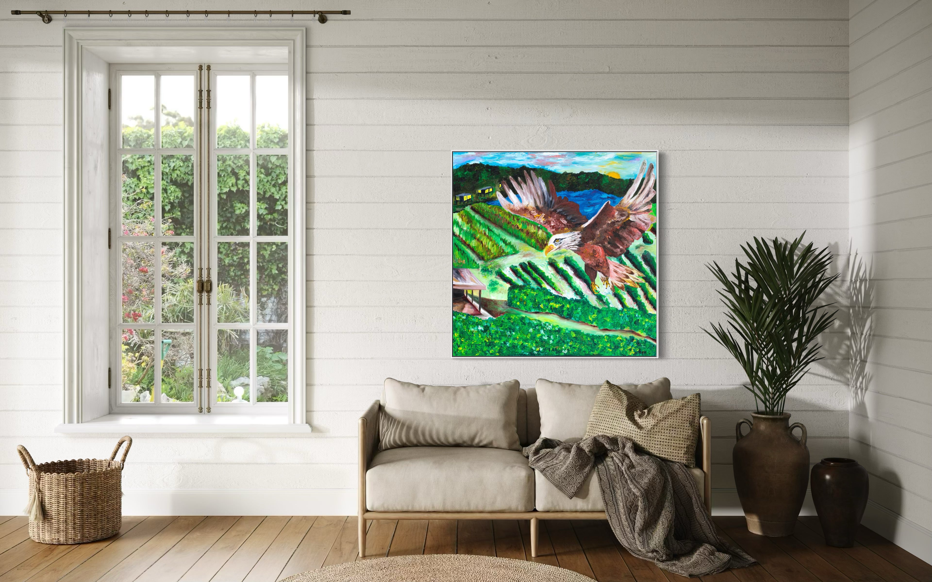 Rise Above It All prophetic canvas print - Christian encouragement wall art by Art By Kudzi 
Living room with a sofa, plant, and a colorful painting of a bird on a wall.