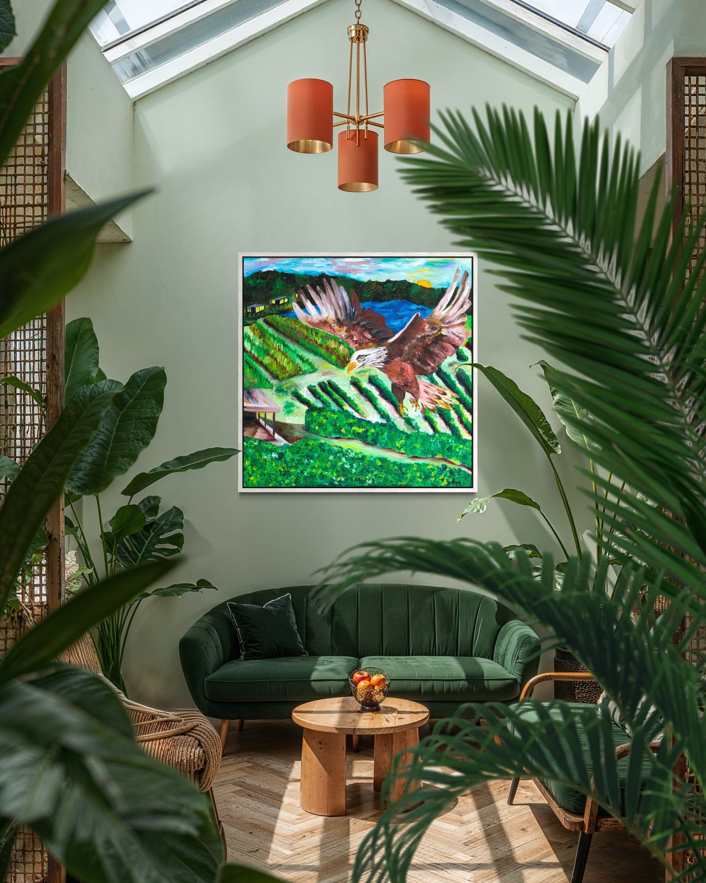Rise Above It All - Gallery wrapped canvas edges - Premium motivational Christian art by Art By Kudzi  

Living room with green sofa, round wooden coffee table, and wall art of a bird over a field.
