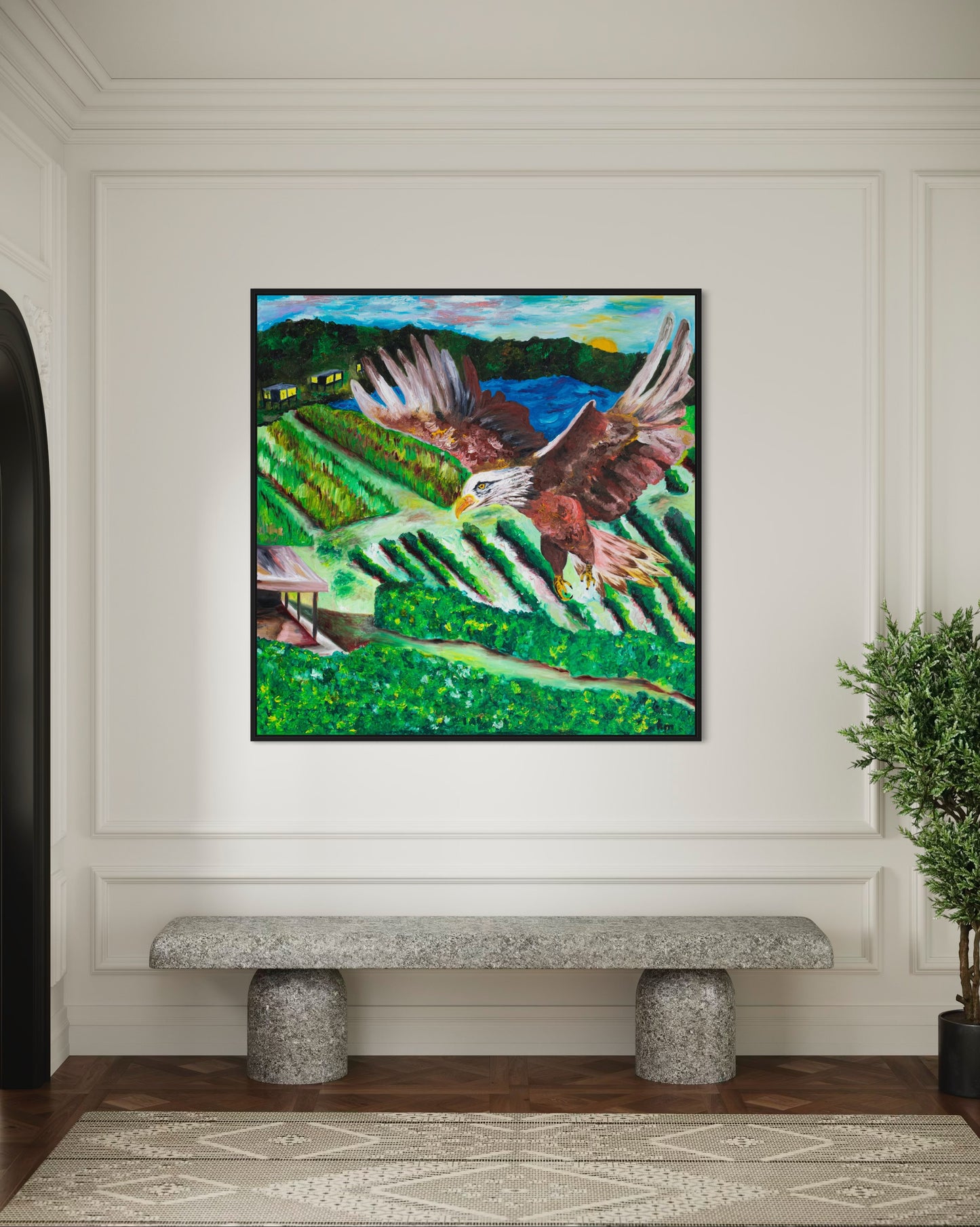 Rise Above It All - Multiple canvas sizes available - Christian inspirational wall decor by Art By Kudzi  

Framed artwork of a bird over a landscape on a wall above a stone bench.