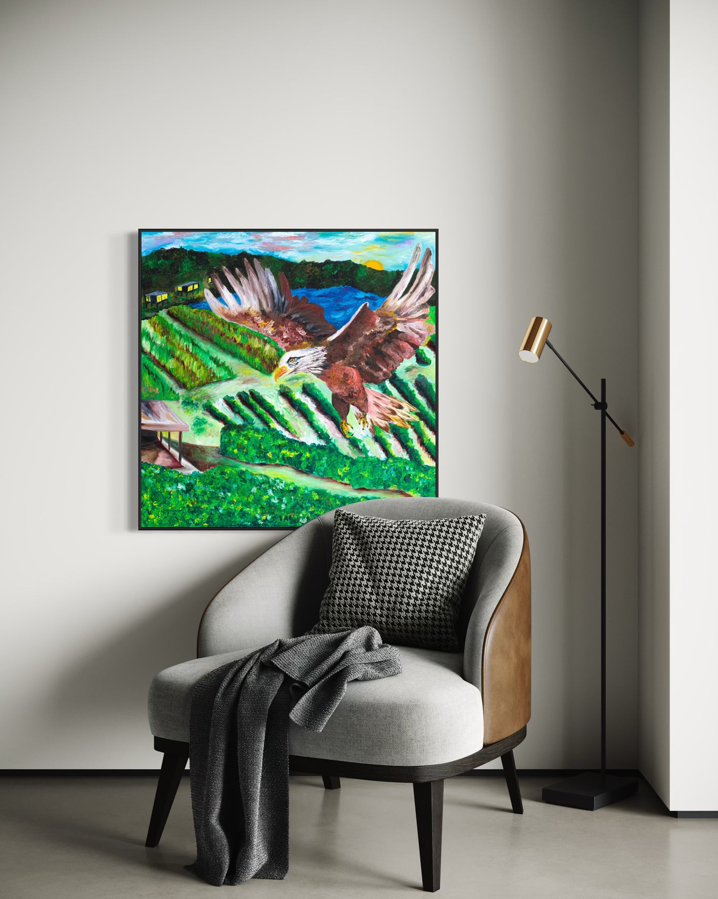 Rise Above It All canvas displayed in modern living room - Christian motivational wall art by Art By Kudzi - Inspirational decor  

Framed artwork of a bird over a landscape on a wall above a chair.