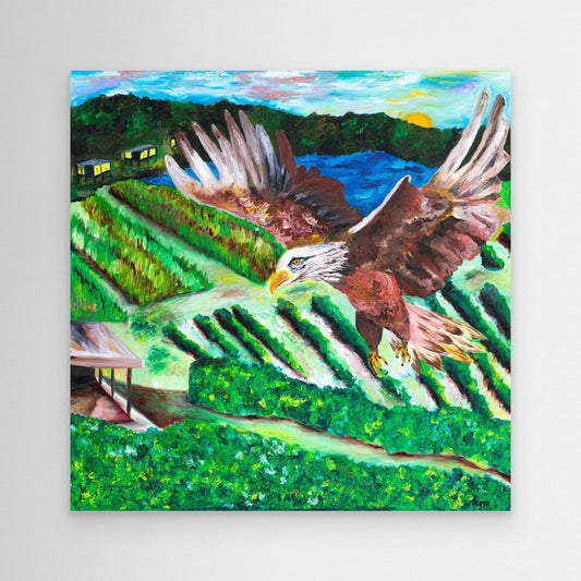 Rise Above It All - Prophetic Canvas Print by Art By Kudzi - Christian Inspirational Wall Art - Faith-Based Home Decor  
Painting of an eagle flying over a landscape with green fields and a house. - Canvas Print by Art By Kudzi