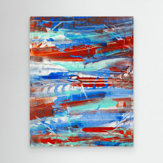 Unfinished Yet Complete - Prophetic Canvas Print by Art By Kudzi - Christian Wall Art - Faith-Based Home Decor . Abstract painting with red, blue, and white strokes on a light gray background - Canvas Print by Art By Kudzi