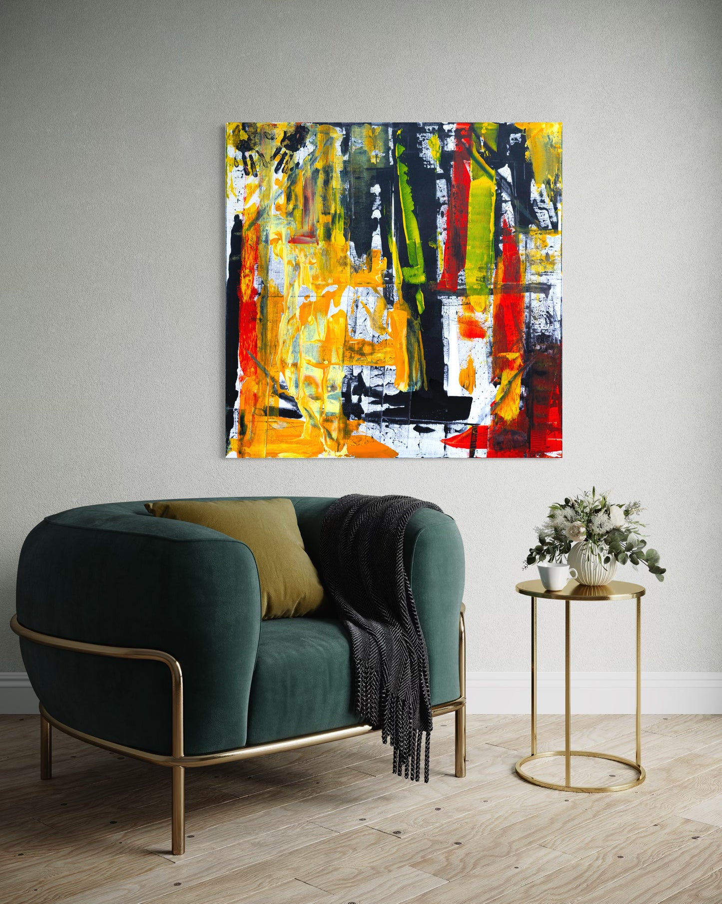 Urban Jungle canvas - Earth-toned color palette detail - Abstract botanical art by Art By Kudzi. Modern living room with a green armchair, abstract painting, and side table.