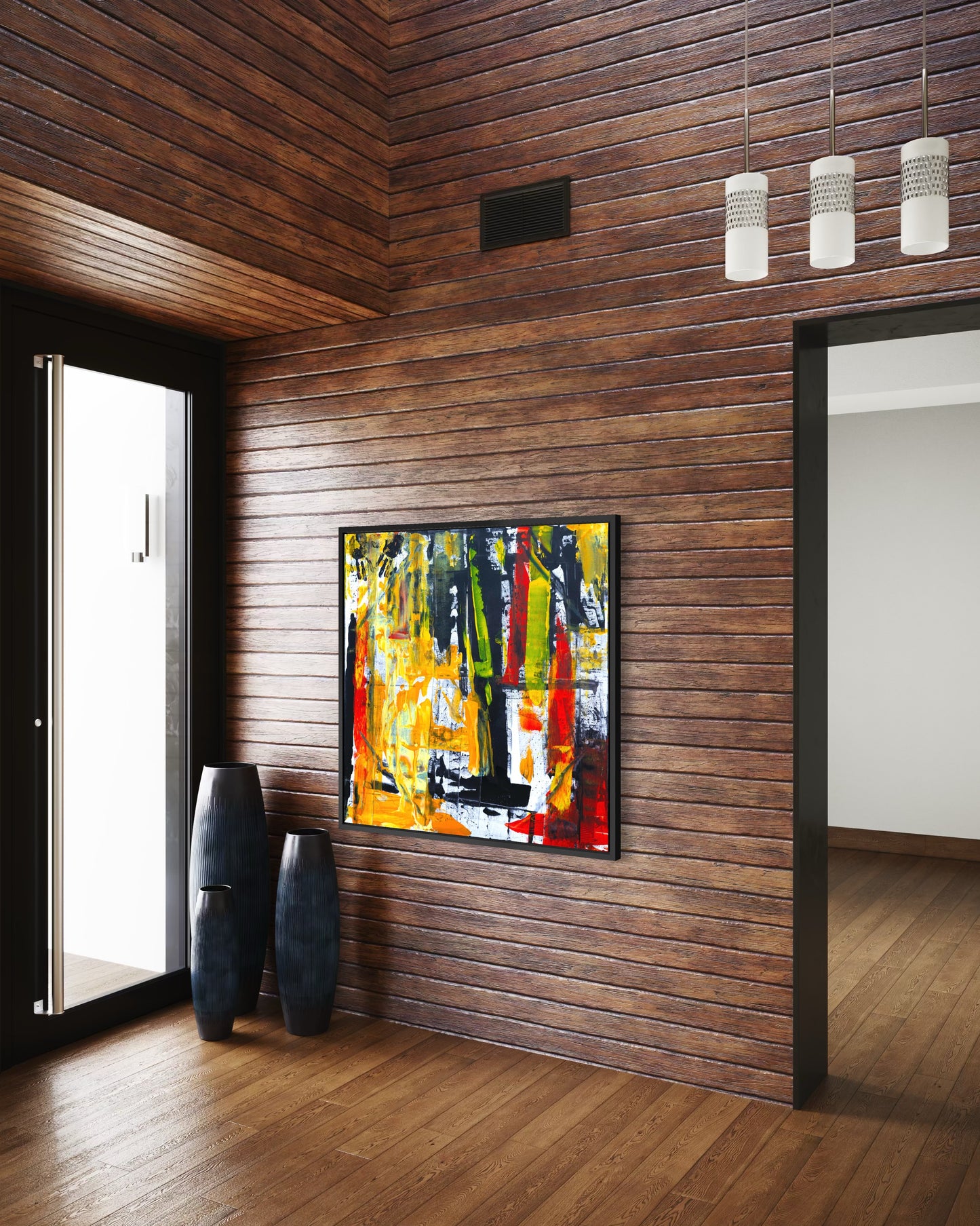 Urban Jungle abstract canvas - Ready to hang wall art - Modern botanical print by Art By Kudzi . Modern interior with wooden walls and a colorful abstract painting.