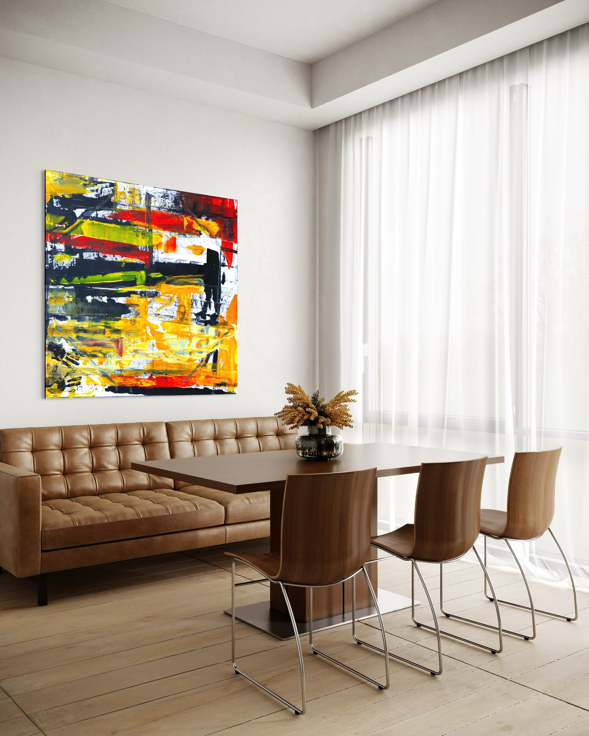 Urban Jungle - Earth-Toned Abstract canvas - Gallery wrapped edges - Modern art print by Art By Kudzi. Modern living room with a brown sofa, dining table, and chairs, and a colorful abstract painting on the wall.