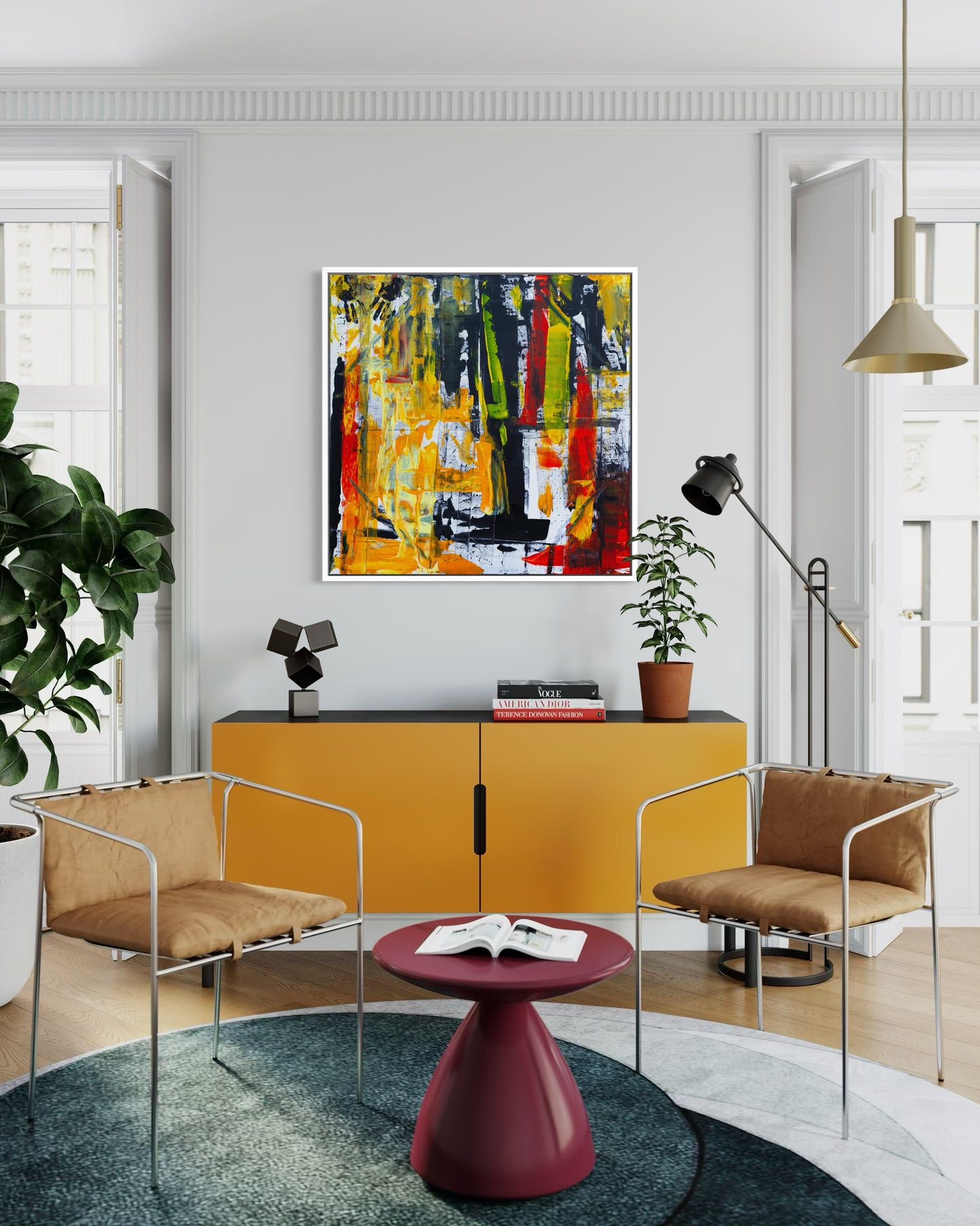 Urban Jungle - Earth-Toned Abstract - Framed canvas option - Modern botanical art by Art By Kudzi. Modern living room with abstract art, yellow cabinet, and stylish furniture.