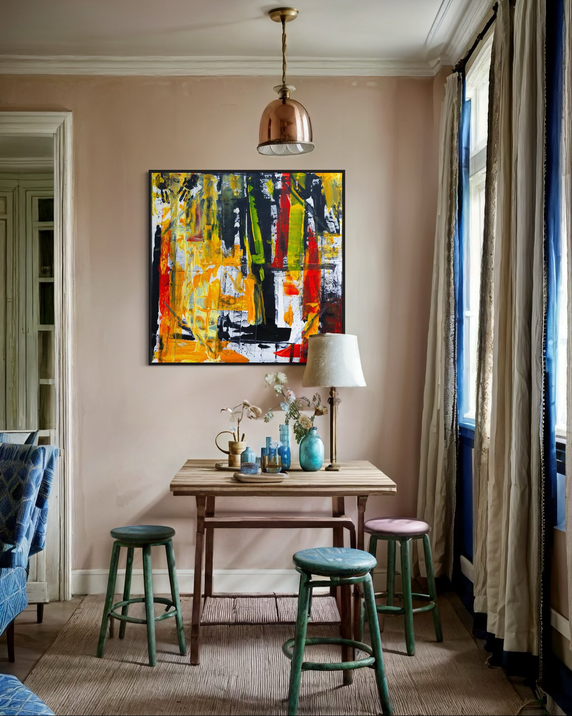 Urban Jungle abstract fine art canvas displayed in modern living room - Earth-toned wall art by Art By Kudzi - Contemporary home styling